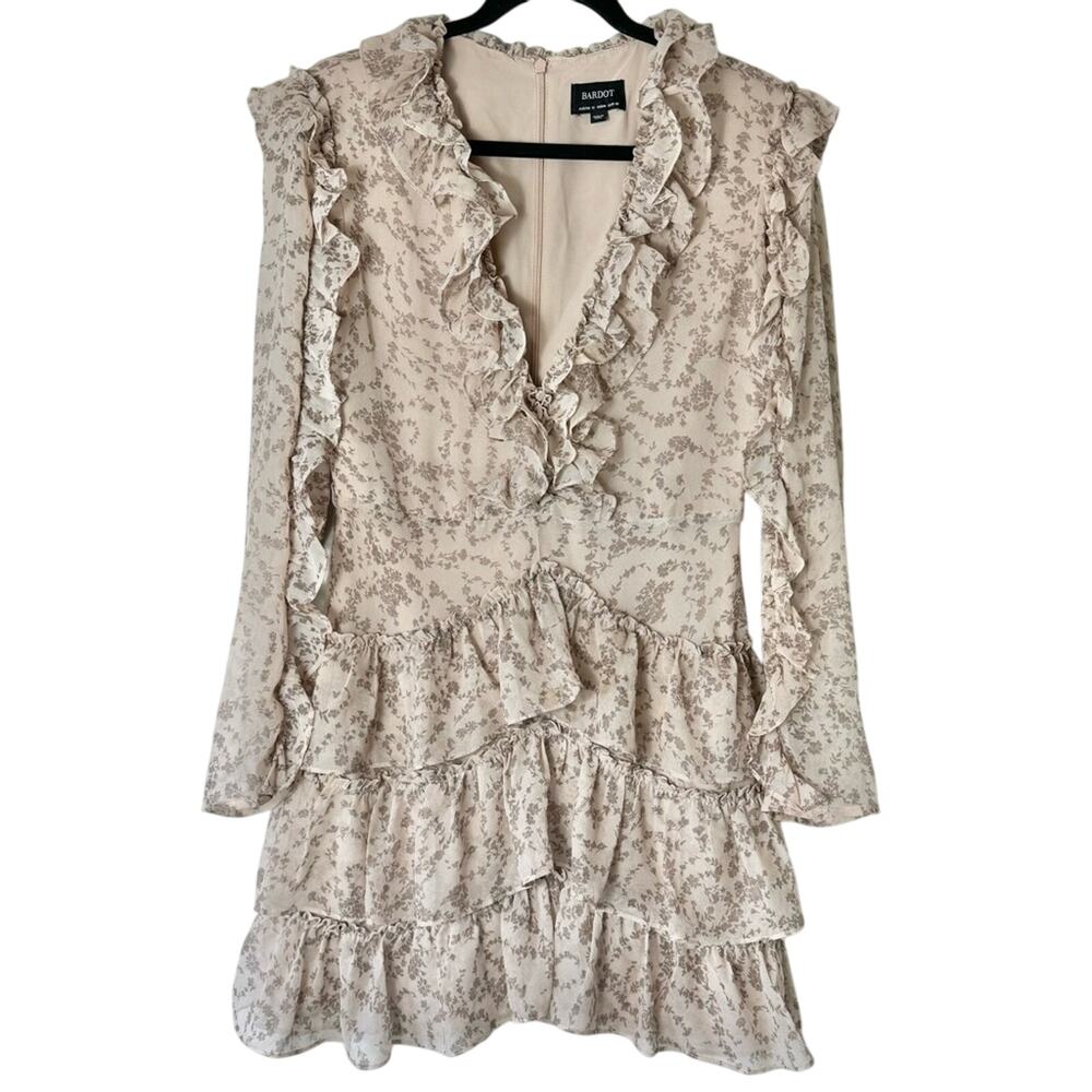 Bardot Alessia Tan Frill Ruffled Long Sleeved Mini Dress Size Medium 8 - Picture 4 of 9